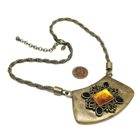 Chico’s Brass Tone Pendant Necklace Topaz Black Red Stones Boho Statement - Picture 6 of 8